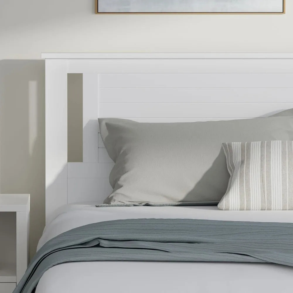 Serene Farmhouse Style King Size Wood Bed Frame with Horizontal Scoring Headboard Coastal Modern Design Sturdy Easy Assembly - Happy Home Retreat