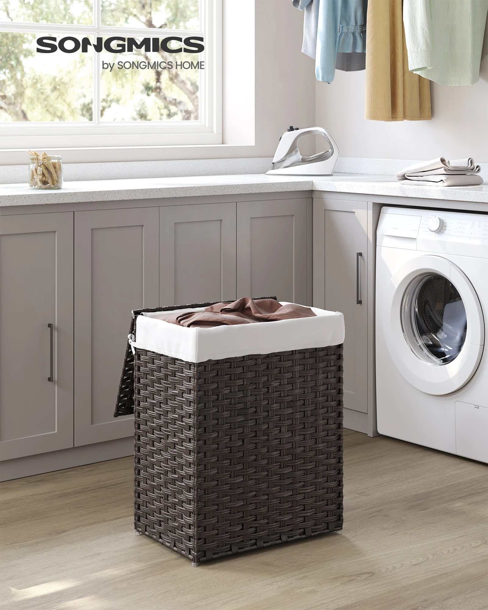 Songmics Laundry Hamper with Lid 23.8 Gallon 90 Liters Synthetic Rattan Clothes Basket Foldable with Handles - Happy Home Retreat