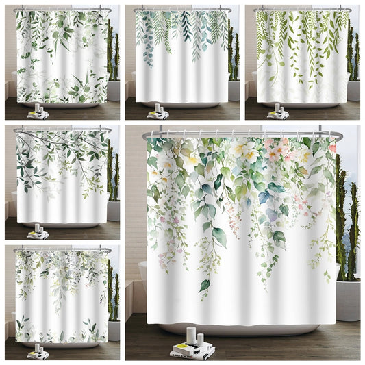 Watercolor Green Leaf Shower Curtain Polyester Botanic Minimalist Design - Happy Home Retreat
