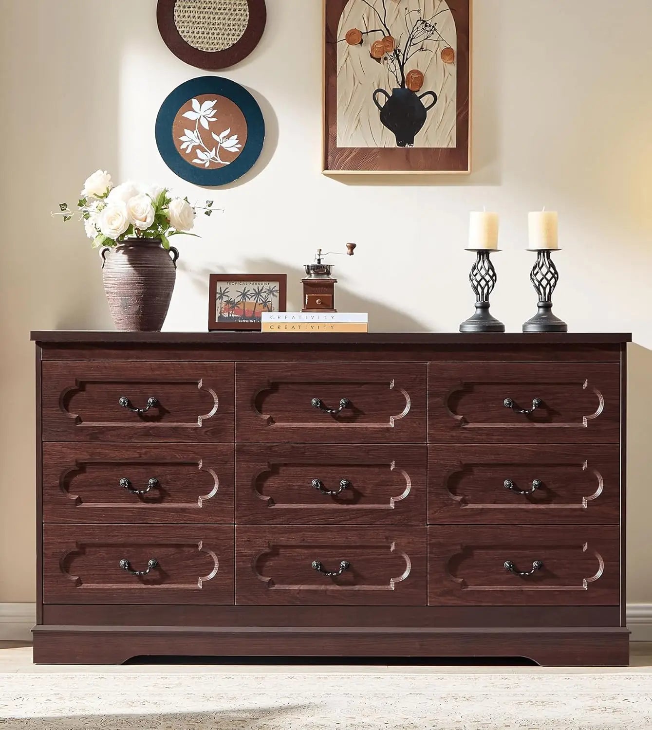 Farmhouse Cherry Wood Dresser Chest Of Drawers For Bedroom Rustic Wide Drawers - Happy Home Retreat