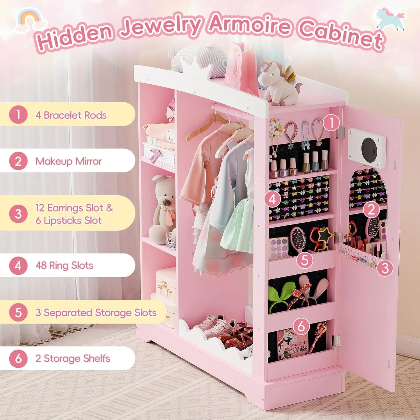 Kids Armoire With Jewelry Cabinet And Mirror Dress Up Wardrobe Pink - Happy Home Retreat