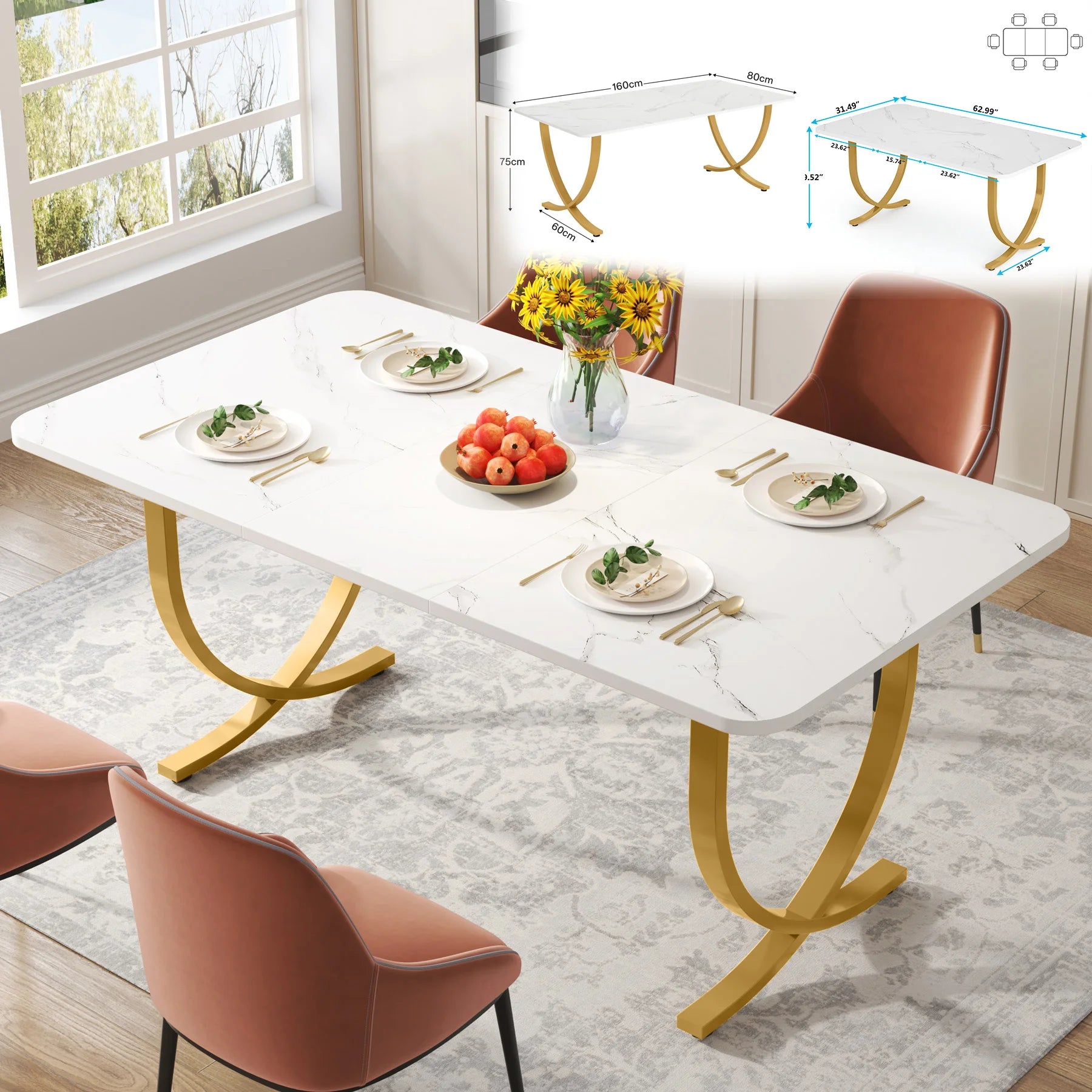 Tribesigns 63 Inch Rectangular Dining Table With Faux Marble Top White - Happy Home Retreat