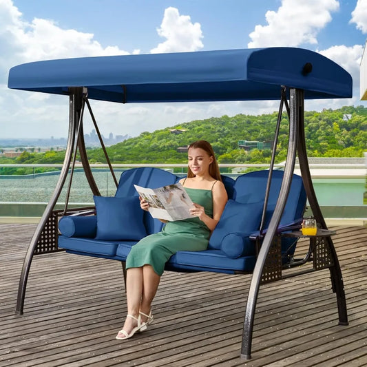 3 in 1 Outdoor Porch Swing with Adjustable Canopy and Thick Cushions for 3 Seats with Pillows and Cup Holders for Backyard and Garden - Happy Home Retreat