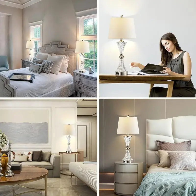 Dimmable Touch Control Table Lamps Set Of 2 With USB Ports White Drum Shade - Happy Home Retreat