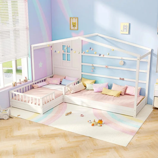 L Shaped Twin Bed For Kids Wooden House Platform Bed With Window Roof Montessori