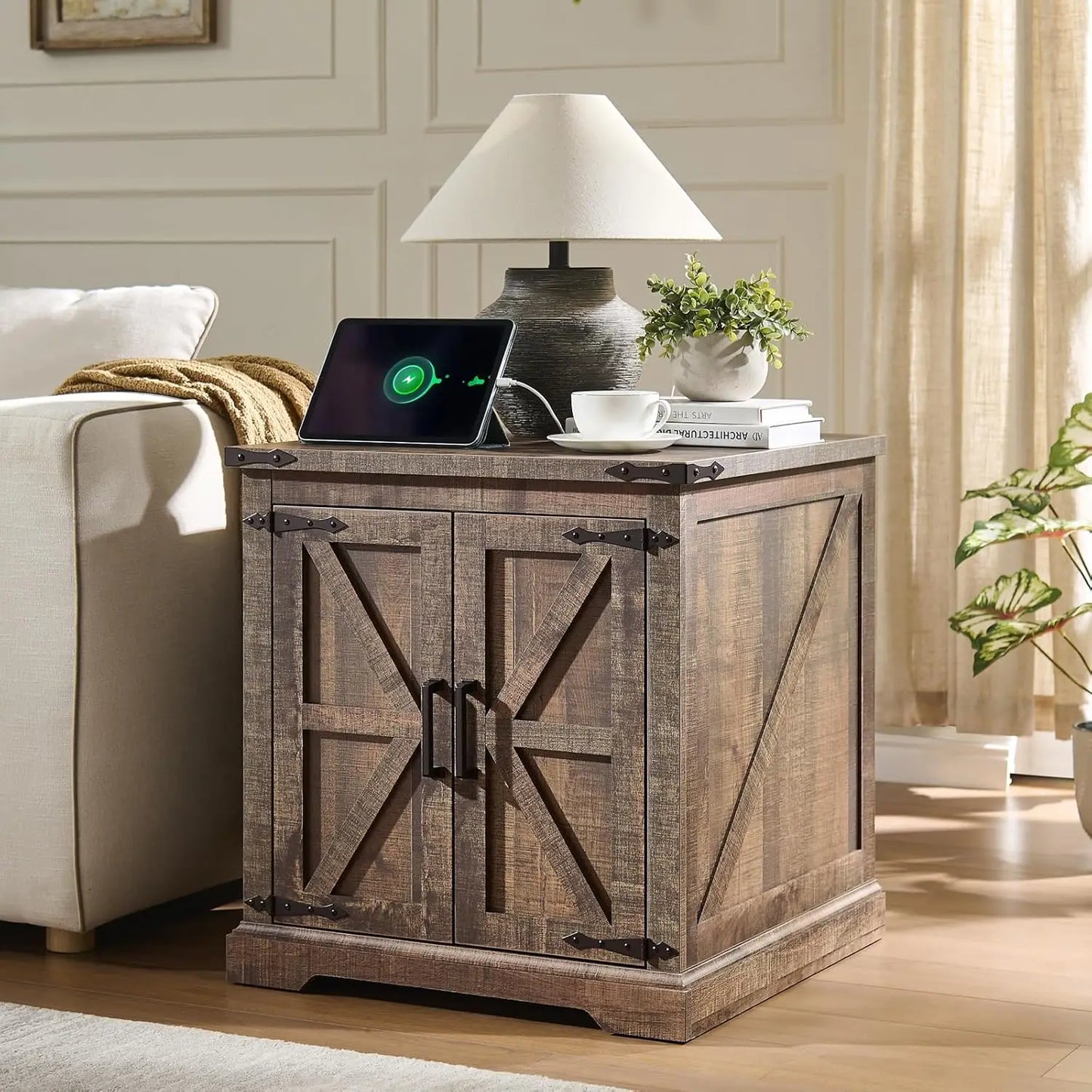 Farmhouse End Table With Charging Station Barn Door 24in - Happy Home Retreat