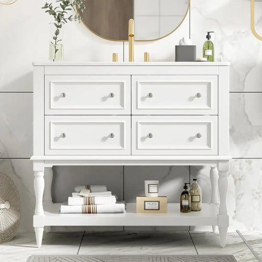 36 Inch Bathroom Vanity with Sink Farmhouse Bathroom Vanity Storage Cabinet with 4 Drawers and Open Shelf Solid Wood Frame - Happy Home Retreat