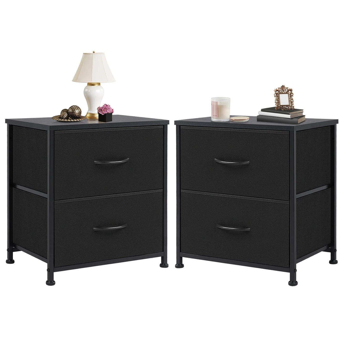 JHK Nightstand Bedside Table With Two Fabric Drawers For Bedroom Storage - Happy Home Retreat