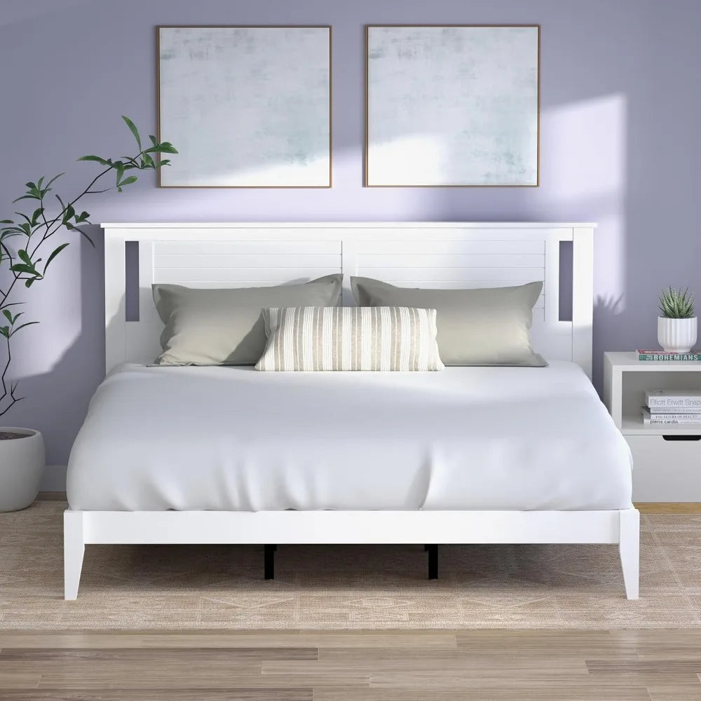 Serene Farmhouse Style King Size Wood Bed Frame with Horizontal Scoring Headboard Coastal Modern Design Sturdy Easy Assembly - Happy Home Retreat