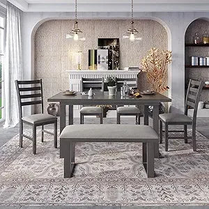 MKDK 6 Piece Dining Table Set Gray Upholstered Table With 4 Chairs And Bench - Happy Home Retreat