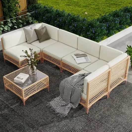 7 Piece Outdoor Patio Furniture Set Wicker Sectional Couch with Glass Table and Cushions - Happy Home Retreat