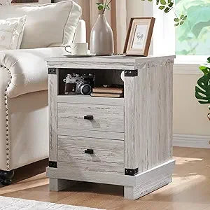 RedLemon Farmhouse Nightstand With Charging Station Drawers Wood Bedside Table - Happy Home Retreat