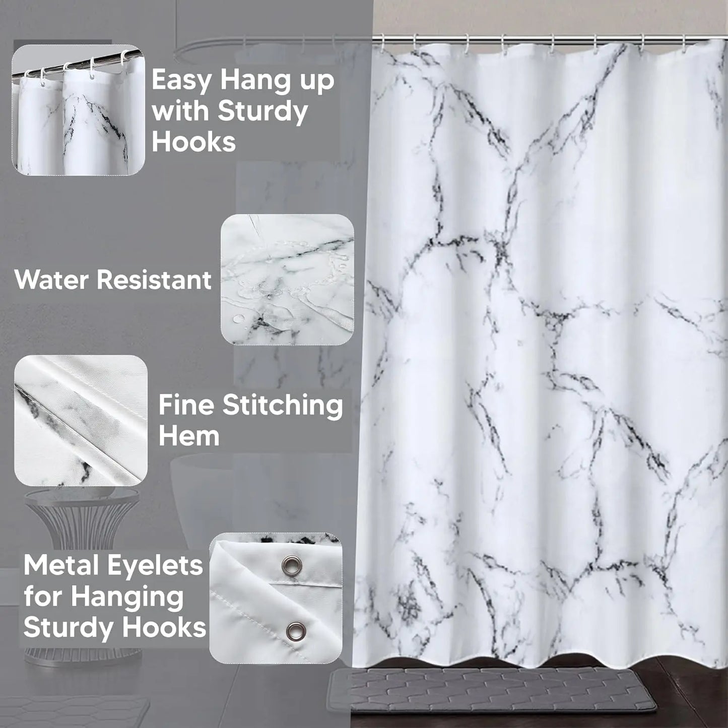Marble Printed Polyester Shower Curtain With Metal Grommets 71x71in 180x180cm - Happy Home Retreat