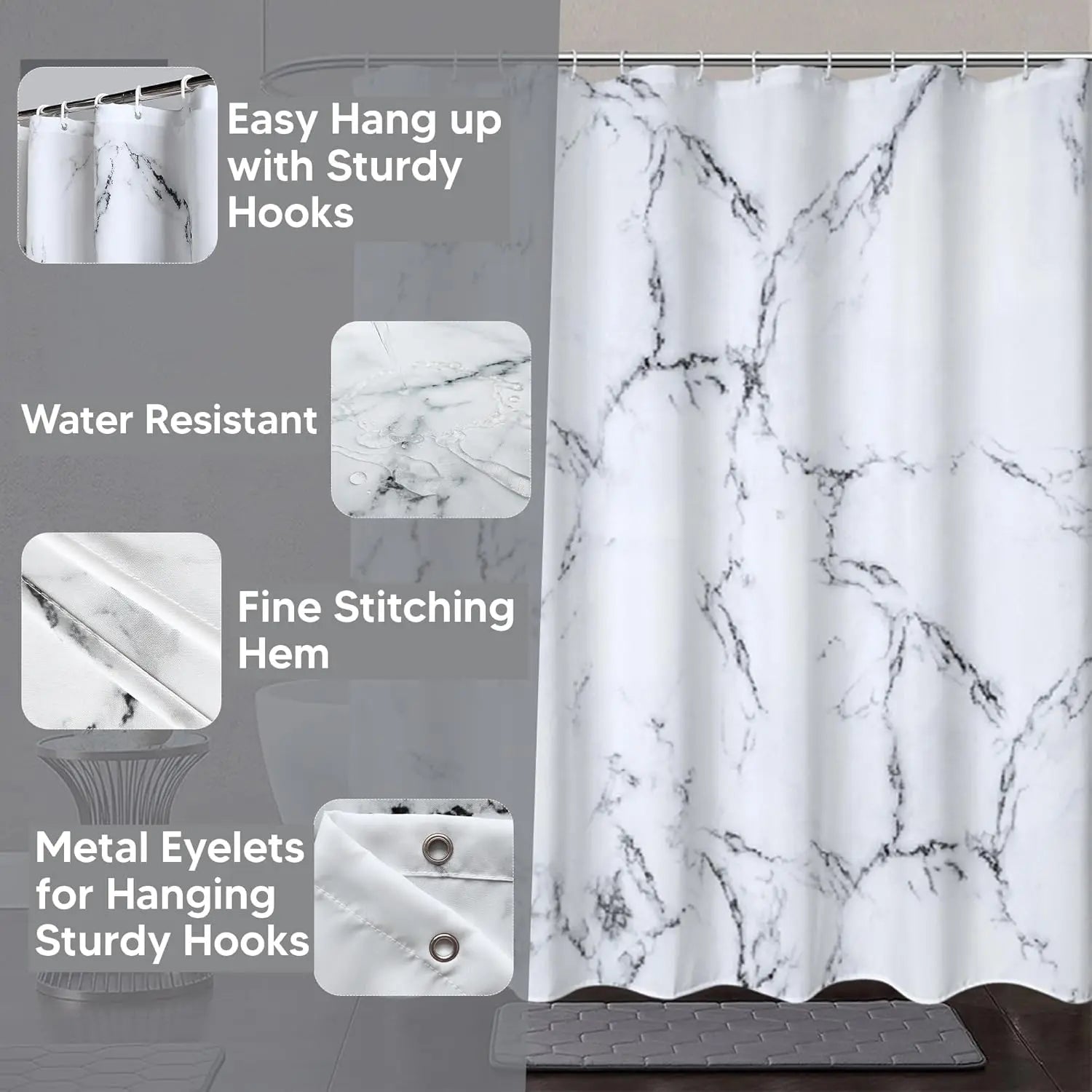Marble Printed Polyester Shower Curtain With Metal Grommets 71x71in 180x180cm - Happy Home Retreat