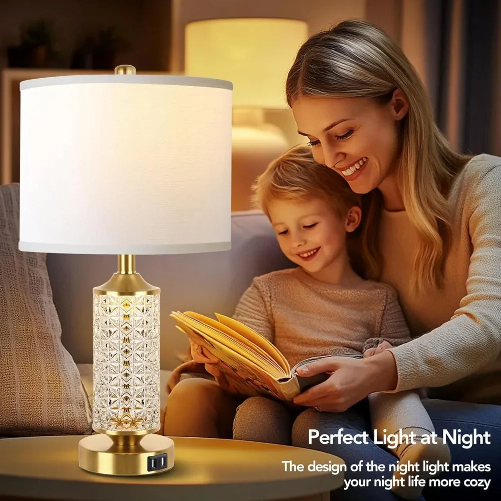 Set Of 2 Modern Table Lamps With USB Ports And Night Light For Bedroom - Happy Home Retreat