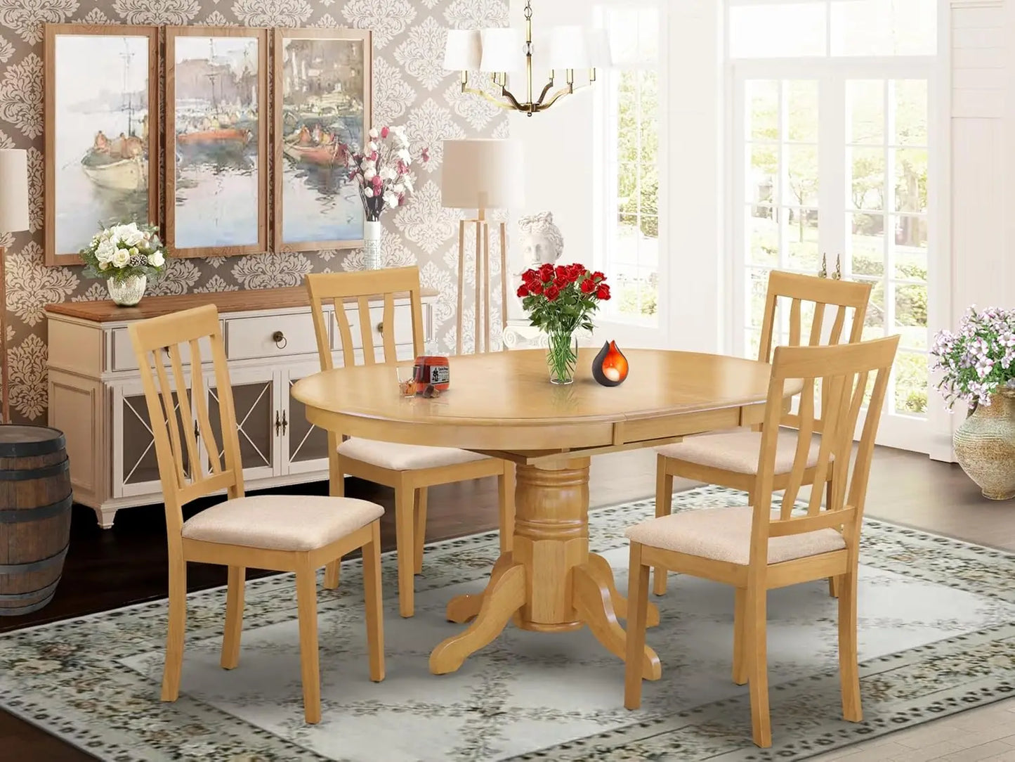 5 Piece Oval Dining Table Set 42x60 Butterfly Leaves Linen Upholstered Chairs - Happy Home Retreat
