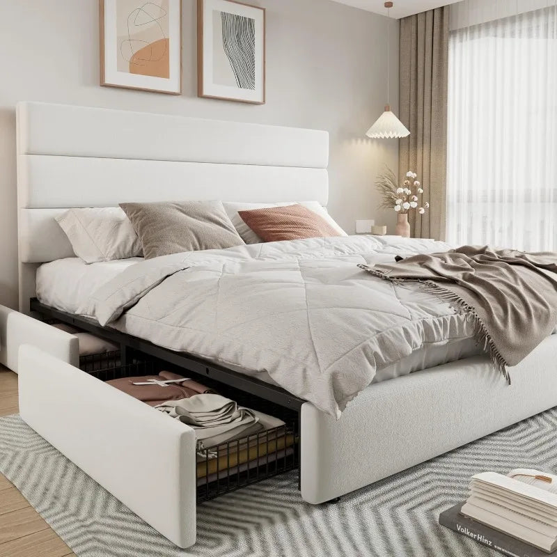 King Size Platform Bed Frame With 4 Storage Drawers And Velvet Headboard - Happy Home Retreat
