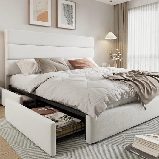 King Size Platform Bed Frame With 4 Storage Drawers And Velvet Headboard - Happy Home Retreat