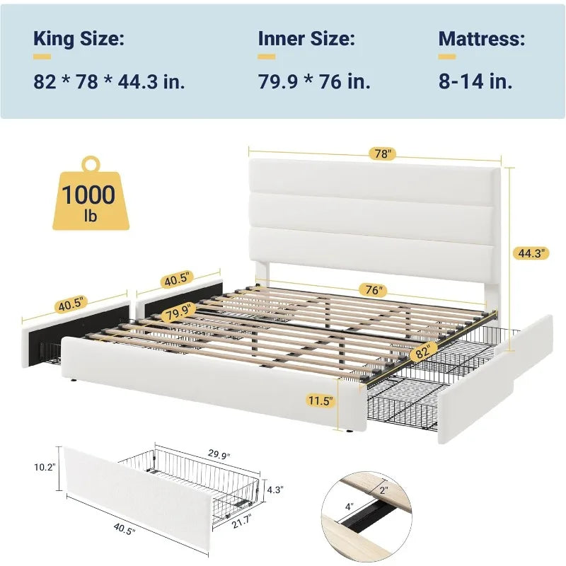 King Size Platform Bed Frame With 4 Storage Drawers And Velvet Headboard - Happy Home Retreat