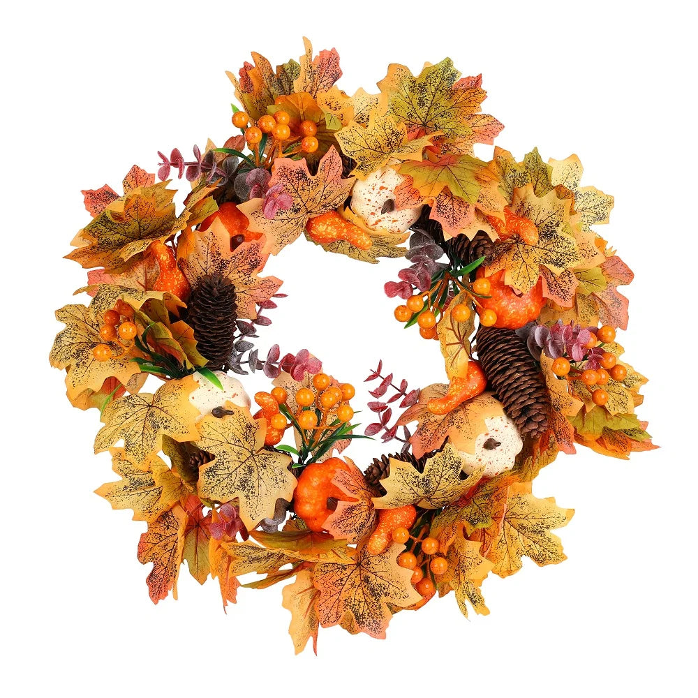 Fall Pumpkin Berry Maple Leaf Wreath 45cm Front Door Decor - Happy Home Retreat