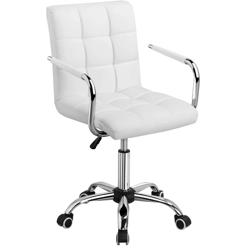 White Desk Chair with Wheels and Armrests Modern PU Leather Midback Adjustable Office Chair - Happy Home Retreat