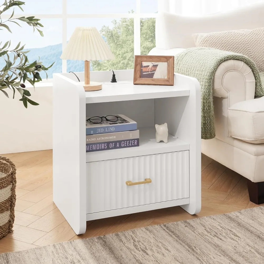 Night Stand With Charger Station Fluted Wood Drawer Storage Modern Bedside Table - Happy Home Retreat