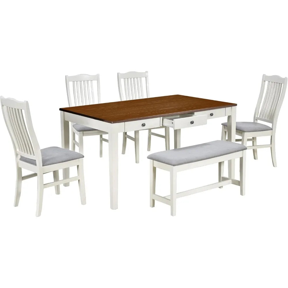 6 Piece Solid Wood Dining Table Set with 4 Upholstered Chairs Bench and Storage Drawers Butter Milk - Happy Home Retreat