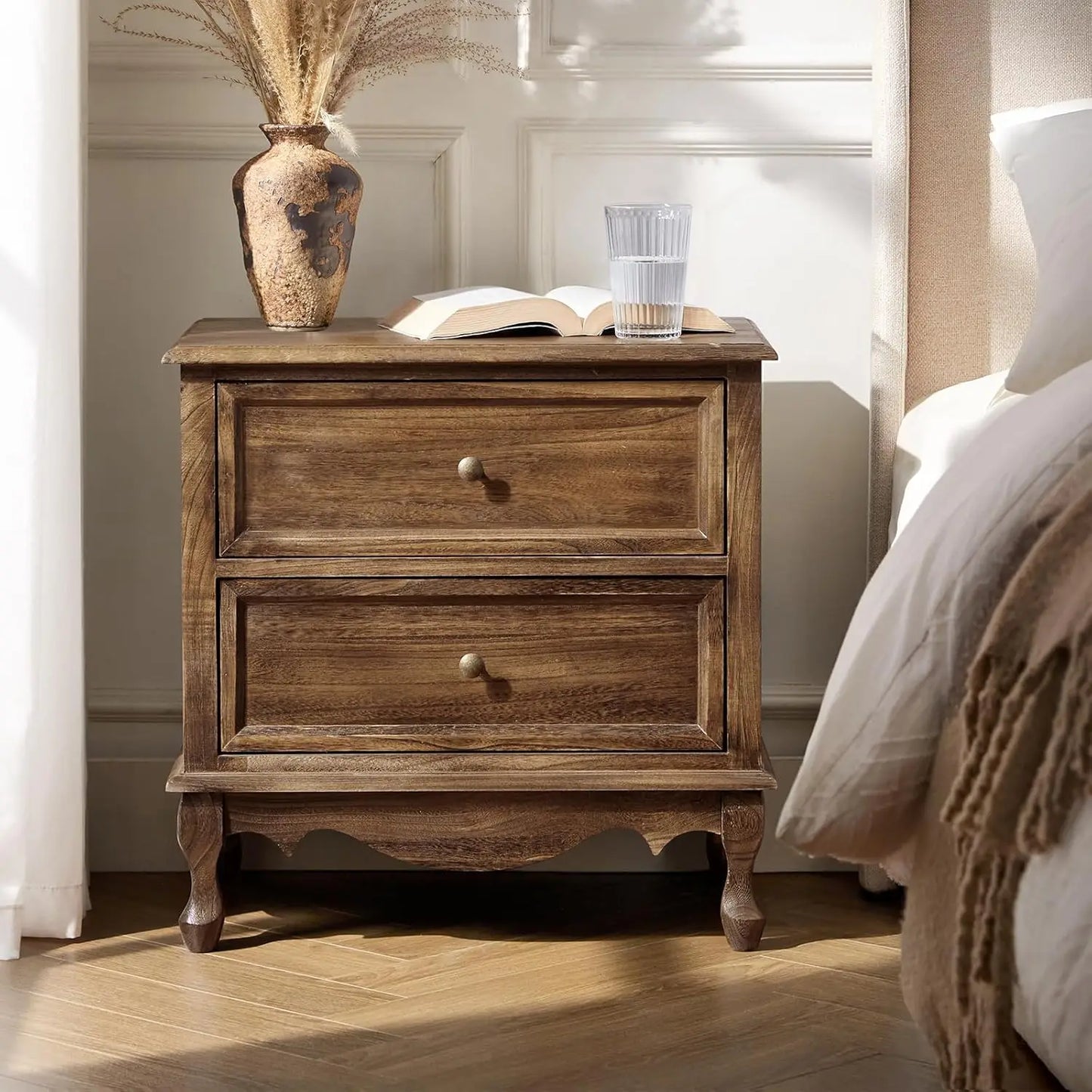 Solid Wood Nightstand With Charging Station Vintage Two Drawer Walnut - Happy Home Retreat