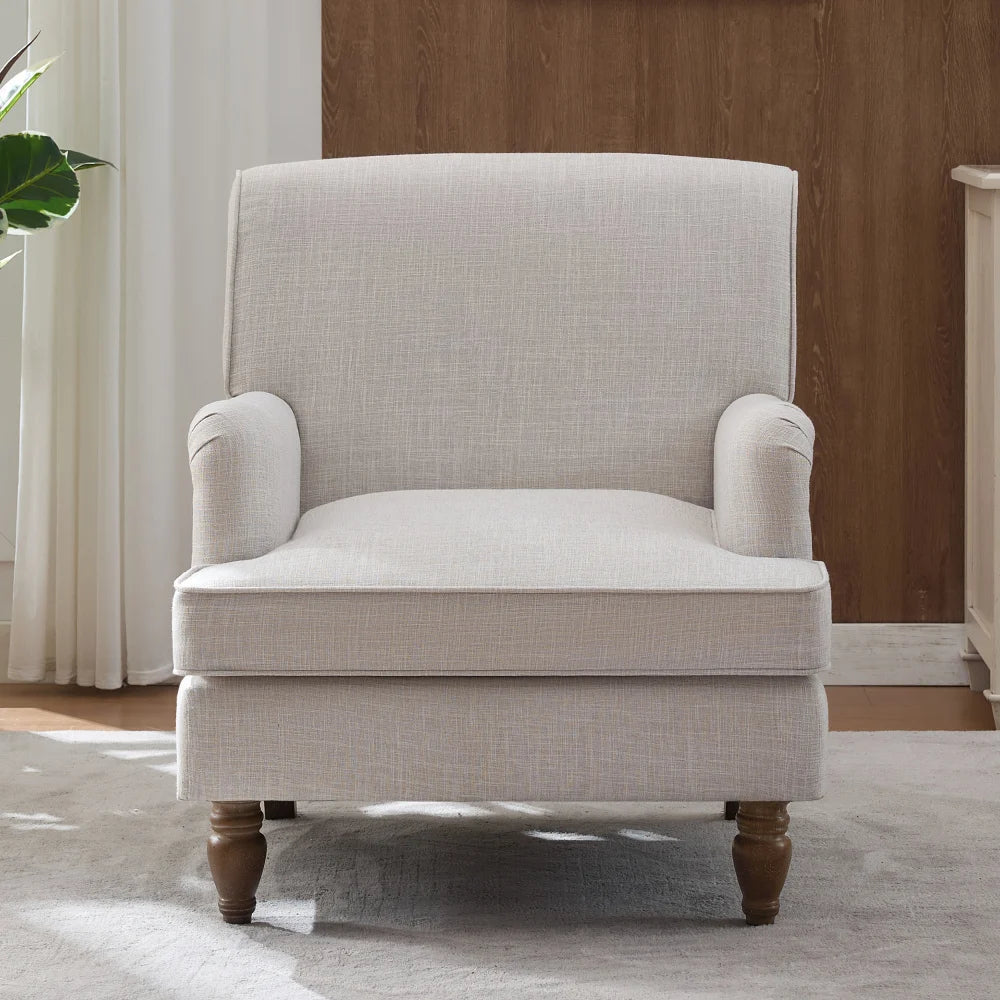 Linen Armchair Vintage Style Accent Chair With Wood Legs - Happy Home Retreat