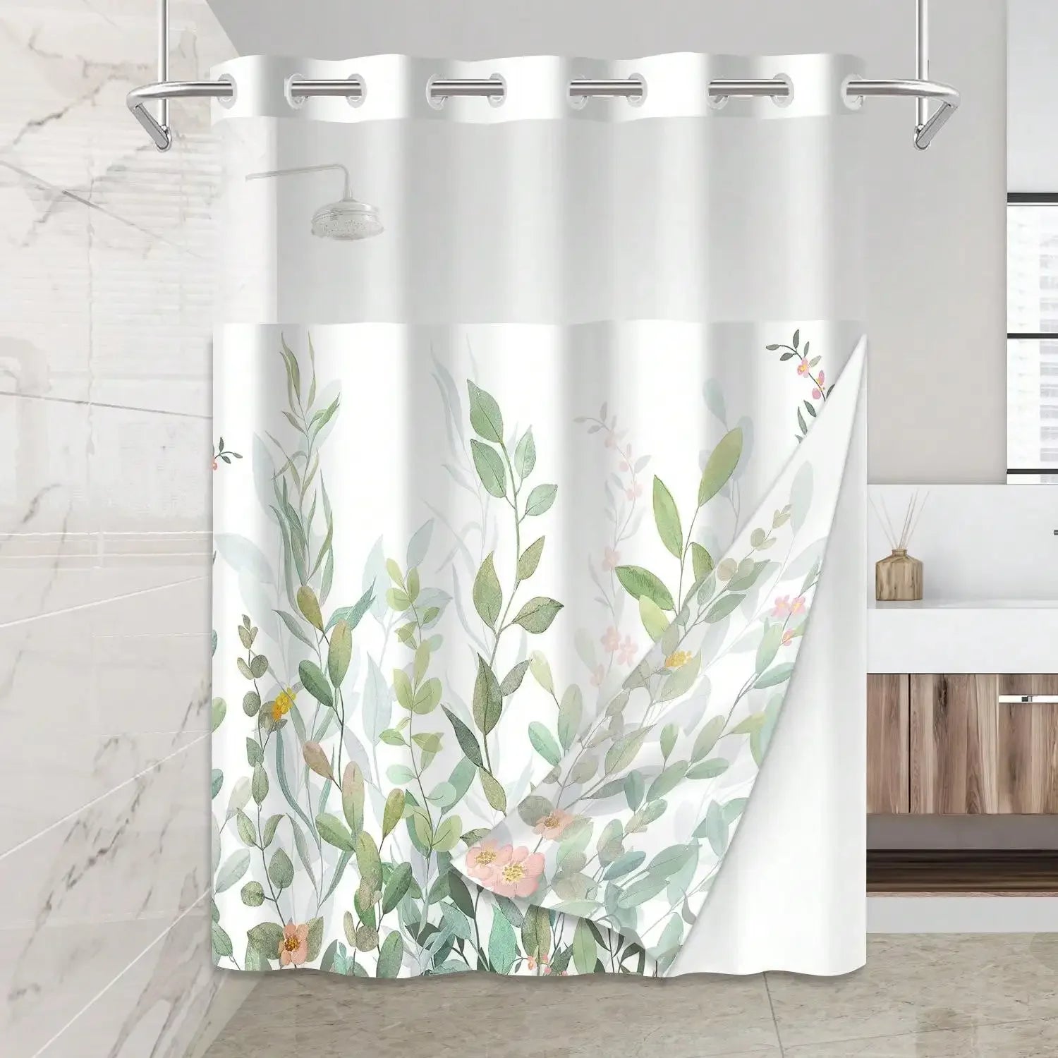 Plants Pattern No Hook Waterproof Shower Curtain, Removable With , Perfect For Bathroom Decor In Winter,  Modern & Simple Design - Happy Home Retreat