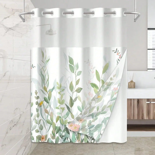 Plants Pattern No Hook Waterproof Shower Curtain, Removable With , Perfect For Bathroom Decor In Winter,  Modern & Simple Design - Happy Home Retreat