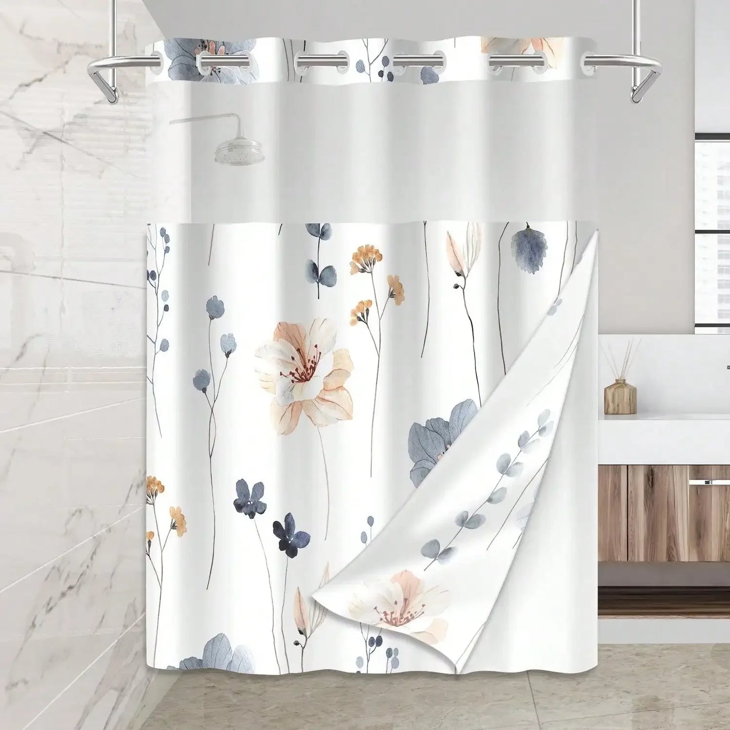 Plants Pattern No Hook Waterproof Shower Curtain, Removable With , Perfect For Bathroom Decor In Winter,  Modern & Simple Design - Happy Home Retreat