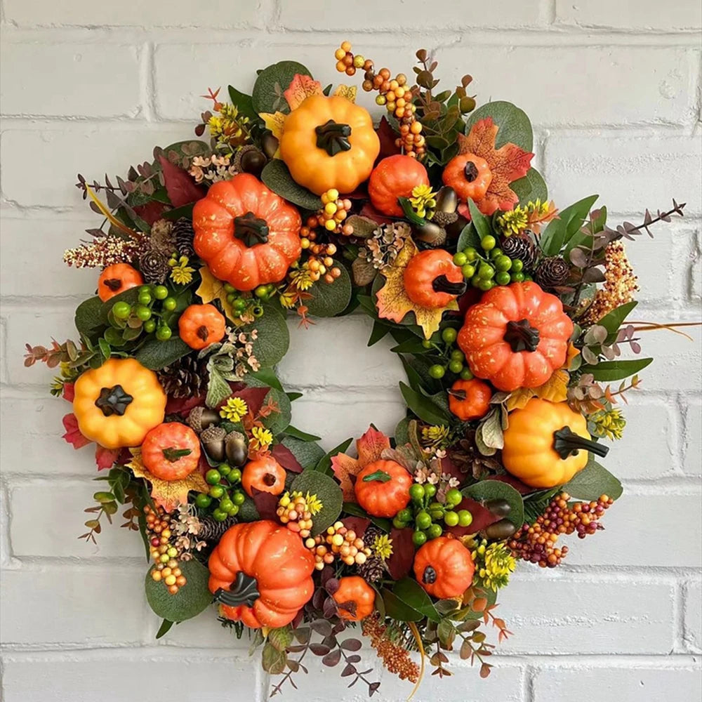 Fall Pumpkin Berry Maple Leaf Wreath 45cm Front Door Decor - Happy Home Retreat