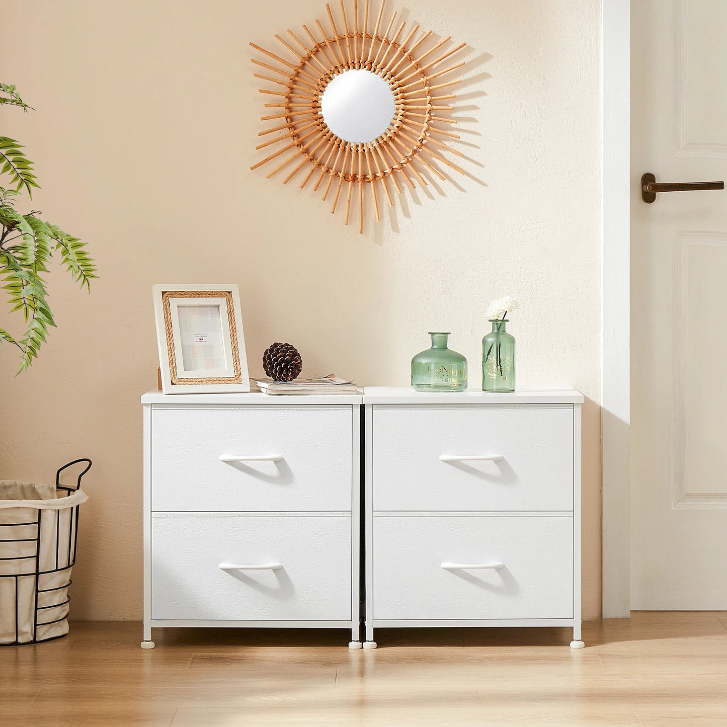 JHK Nightstand Bedside Table With Two Fabric Drawers For Bedroom Storage - Happy Home Retreat
