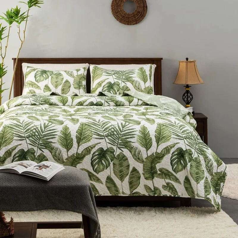 Home Tropical Plants Quilt Set King Size 3 Pieces Green Palm Leaves Rainforest Style Reversible Bedspread - Happy Home Retreat