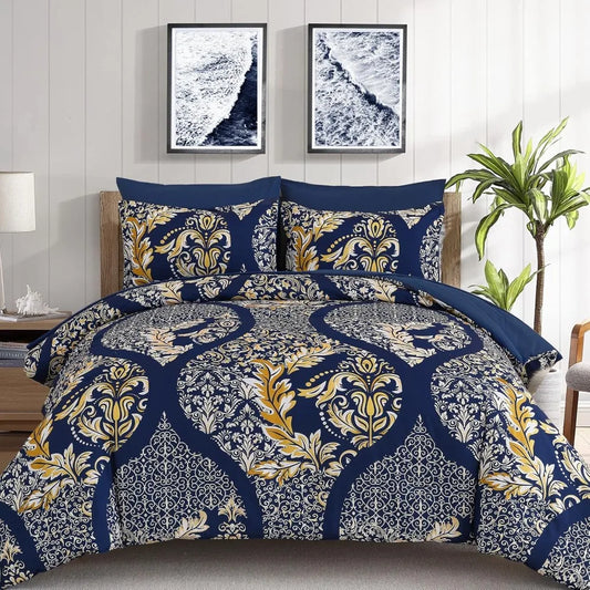 California King Comforter Set 7 Pieces Navy Blue Gold Bohemian Damask Microfiber - Happy Home Retreat