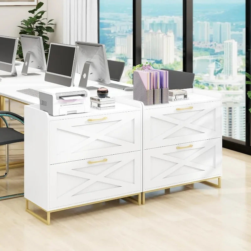 File Cabinet 2 Drawers Lateral File Cabinet with Charging Station for Letter Legal A4 Size Hanging Files White and Gold - Happy Home Retreat