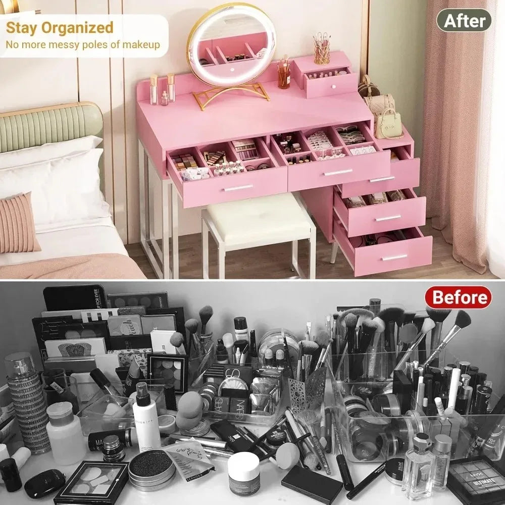 Pink Vanity Desk Set With Mirror And Lights 6 Drawers Cushioned Stool - Happy Home Retreat