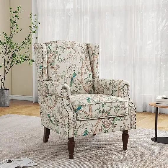 Floral Boho Wingback Blue Accent Chair With Nailhead Trim - Happy Home Retreat