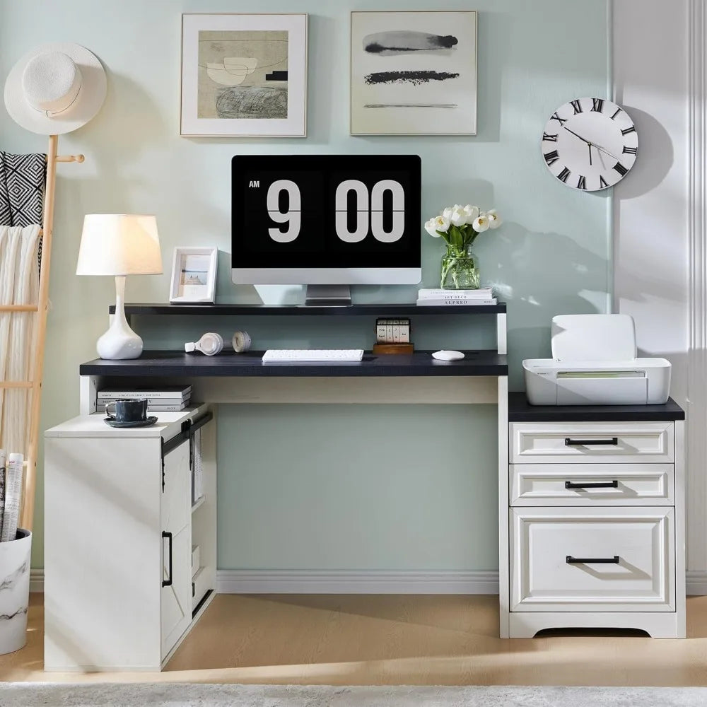 Home Office Desk Modern Farmhouse Computer Desk with File Cabinet 67 Inch Off White - Happy Home Retreat