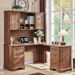 59 Inch L Shaped Executive Desk with Hutch Farmhouse Wood Computer Desk Featuring Charging Station File Drawer Storage Cabinet - Happy Home Retreat