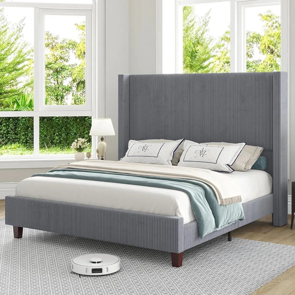 Howe Queen Size 61 Inch Corduroy Upholstered Bed Frame Platform Bed with Vertical Stripe Wingback Headboard No Box Spring Needed - Happy Home Retreat