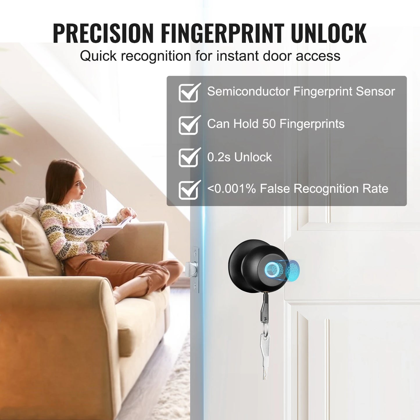 Vevor Smart Door Knob Biometric Door Lock Bluetooth Smart Lock Fingerprint Access with App Control Easy Installation - Happy Home Retreat