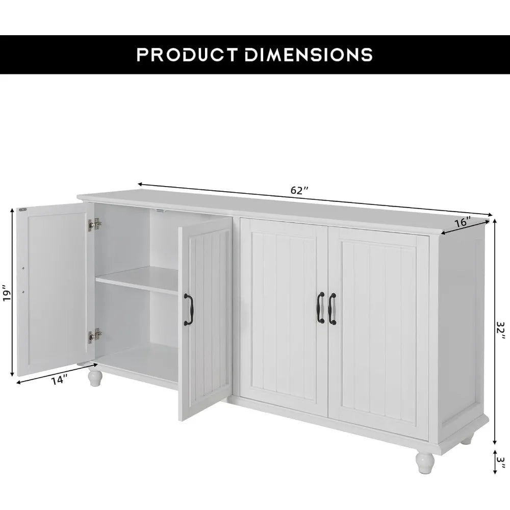 62 Inch Coffee Bar Cabinet Kitchen Buffet Storage Cabinet Modern White Sideboard with 4 Doors and 2 Drawers - Happy Home Retreat