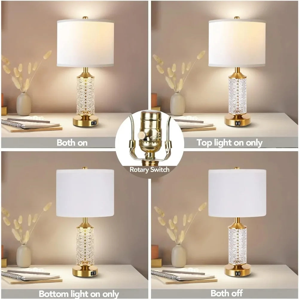 Set Of 2 Modern Table Lamps With USB Ports And Night Light For Bedroom - Happy Home Retreat