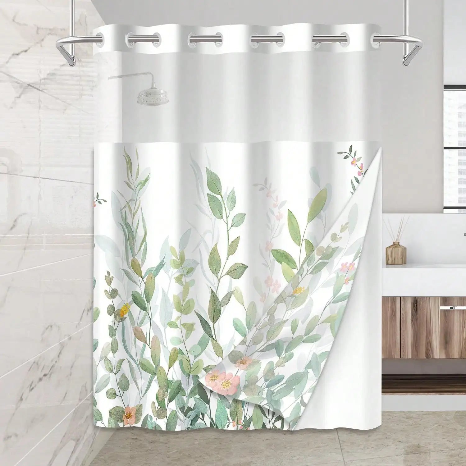 Plants Pattern No Hook Waterproof Shower Curtain, Removable With , Perfect For Bathroom Decor In Winter,  Modern & Simple Design - Happy Home Retreat