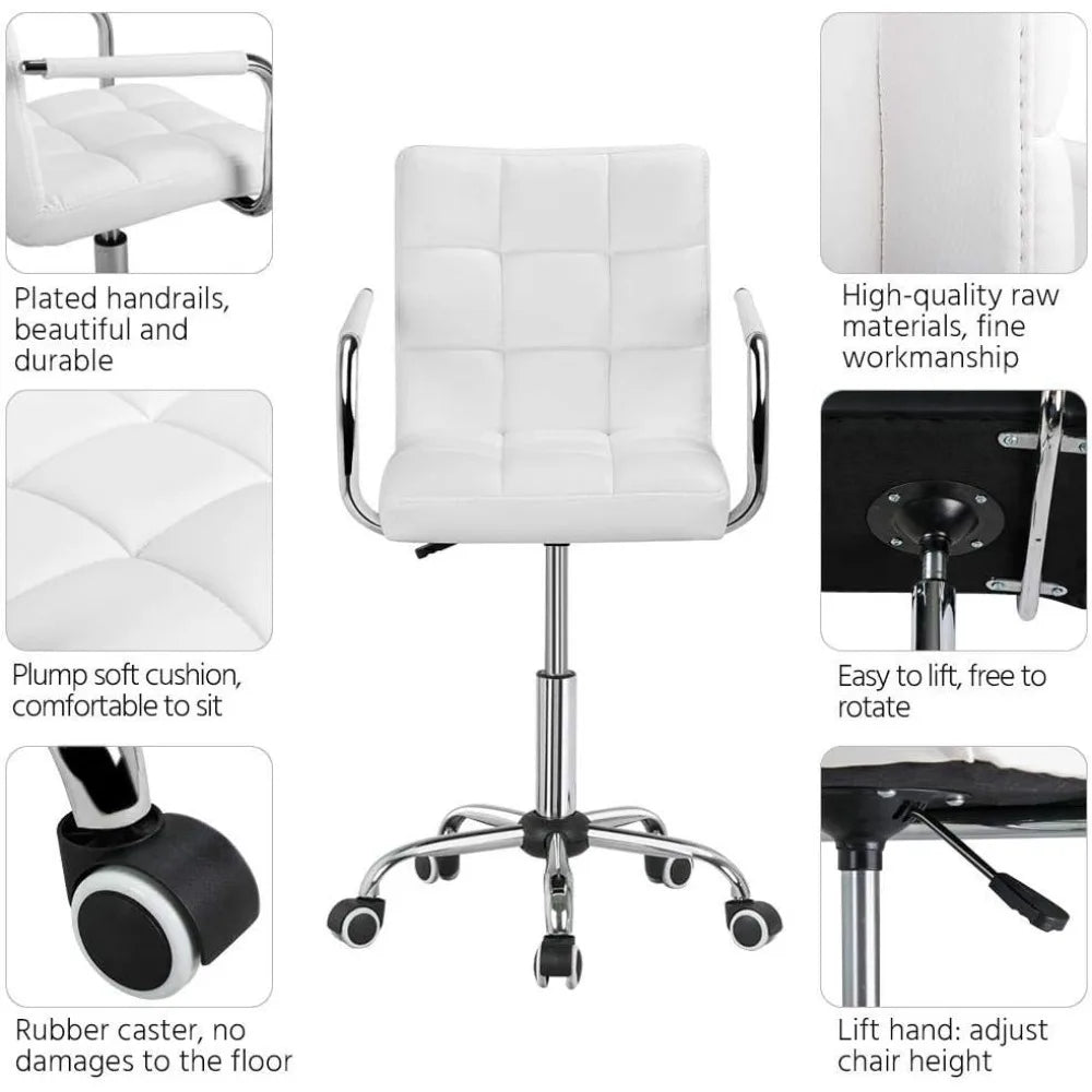 White Desk Chair with Wheels and Armrests Modern PU Leather Midback Adjustable Office Chair - Happy Home Retreat
