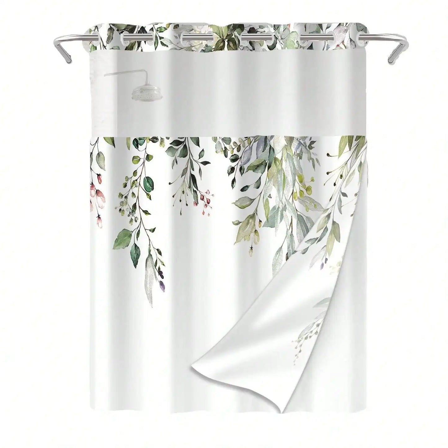 Plants Pattern No Hook Waterproof Shower Curtain, Removable With , Perfect For Bathroom Decor In Winter,  Modern & Simple Design - Happy Home Retreat
