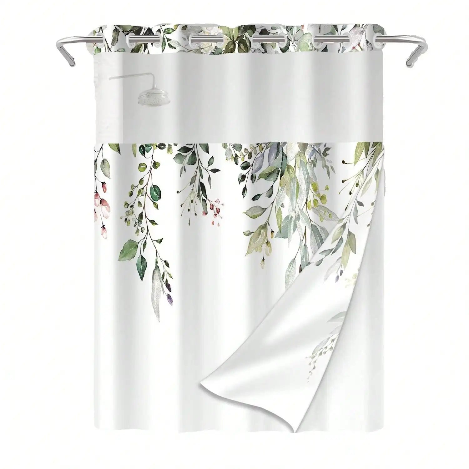 Plants Pattern No Hook Waterproof Shower Curtain, Removable With , Perfect For Bathroom Decor In Winter,  Modern & Simple Design - Happy Home Retreat