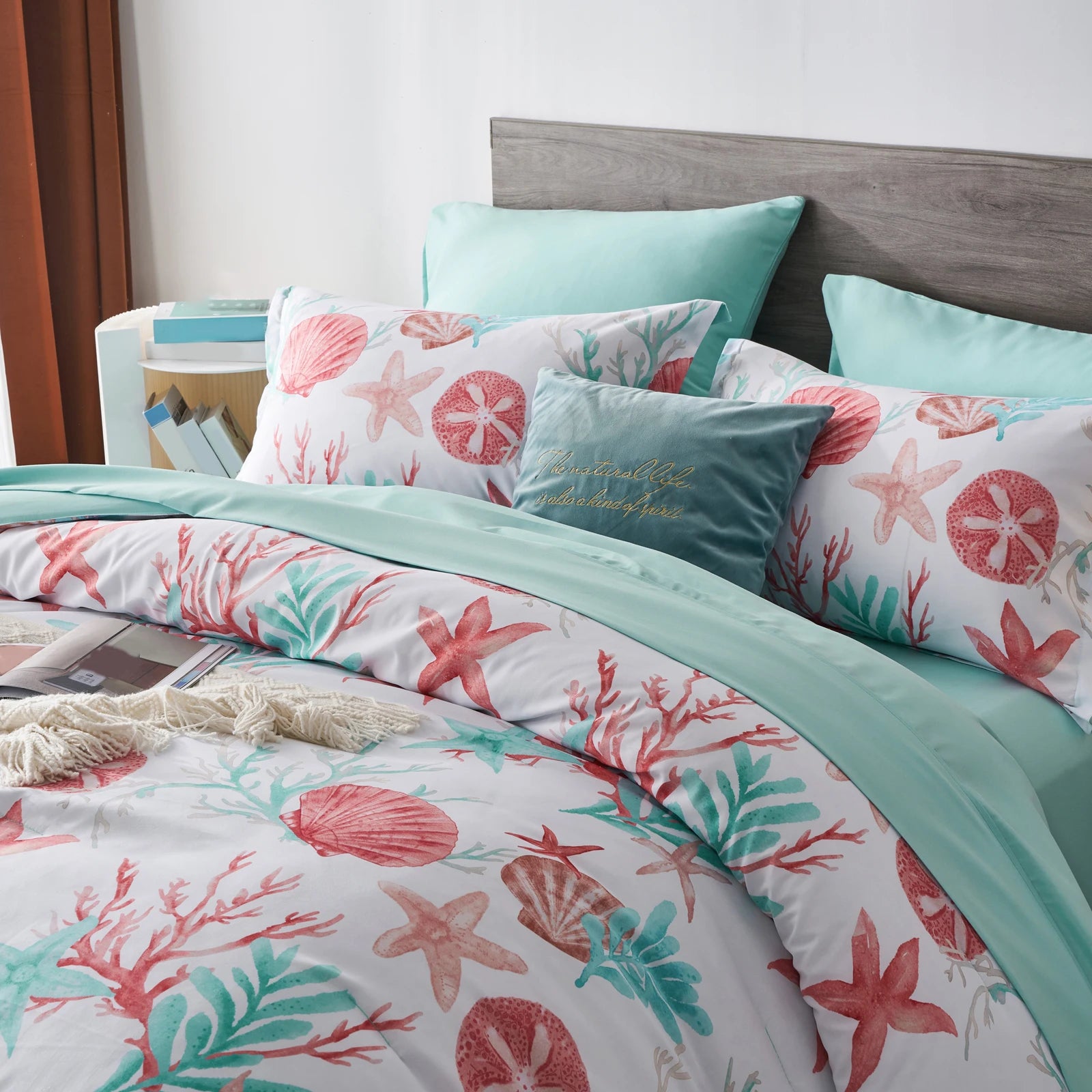 7 Piece Bed In A Bag Bed Comforter Set Queen, Fashion Starfish Coral Print, Boho Print Comforter And Sheet, Pillowcase Set, - Happy Home Retreat